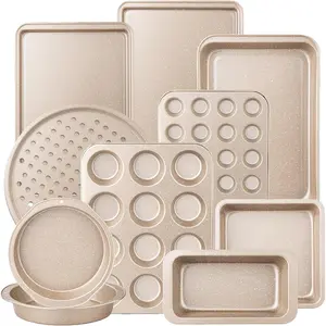 10-Piece Baking Pans Set, Bakeware Sets Nonstick, Baking Set for Oven Cooking, Stackable Carbon Steel Pans Include Cookie Sheets, Muffin , Cake , Pizza , Loaf, Roasting, Gold