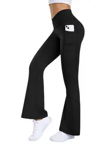 Women's Solid Wrap High Waist Flare Leg, Casual Comfy Pocket Pants for Yoga Gym Workout, Ladies Sportswear Stretchable Activewear for All Seasons, Solid Flare Leggings