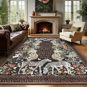 American Vintage Zebra Pattern Living Room Rug, Luxury Sofa Coffee Table Mat, Non-Slip Bedroom Carpet, Home Decor Accessory, Decorative Rug, Animal Print Rug