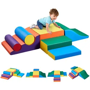 Fathersdaygift 7-Piece PU Leather Foam Climbing Blocks Set, Indoor Toddler Playroom Climb Crawl Sliding Activity Playset with Toddler Slide Set, Easy to Clean, for 6 Months-3 Years Olddealsforyoudays