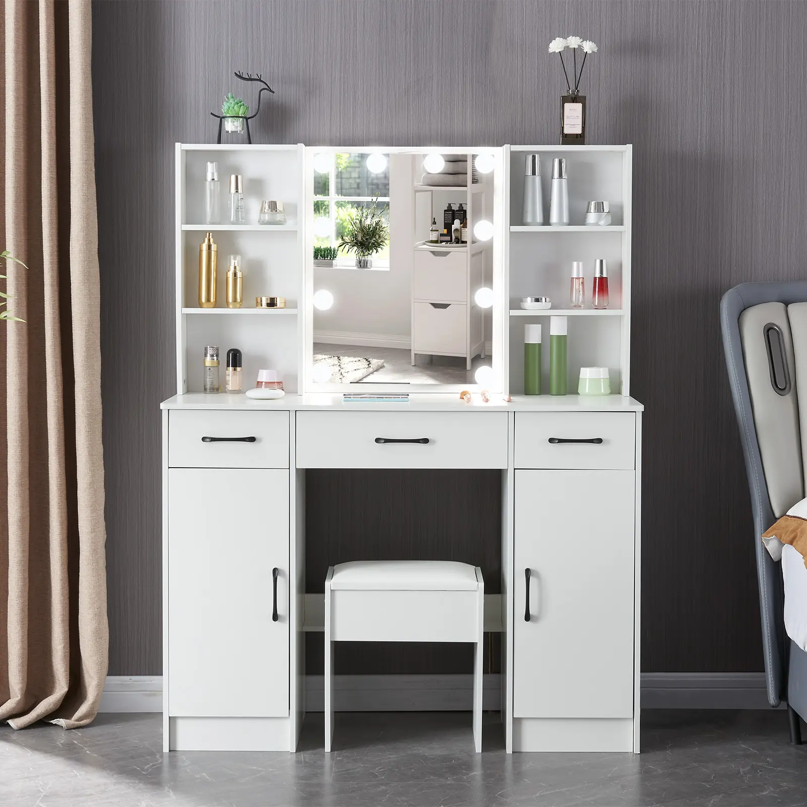 Modern White Vanity Makeup Desk with 10 LED Lighting, Mirror, 3 Color Modes, MDF Wood Cabinet, 6 Shelves & 3 Drawers, Lighted Vanity Table for Bedroom, Wooden Vanity