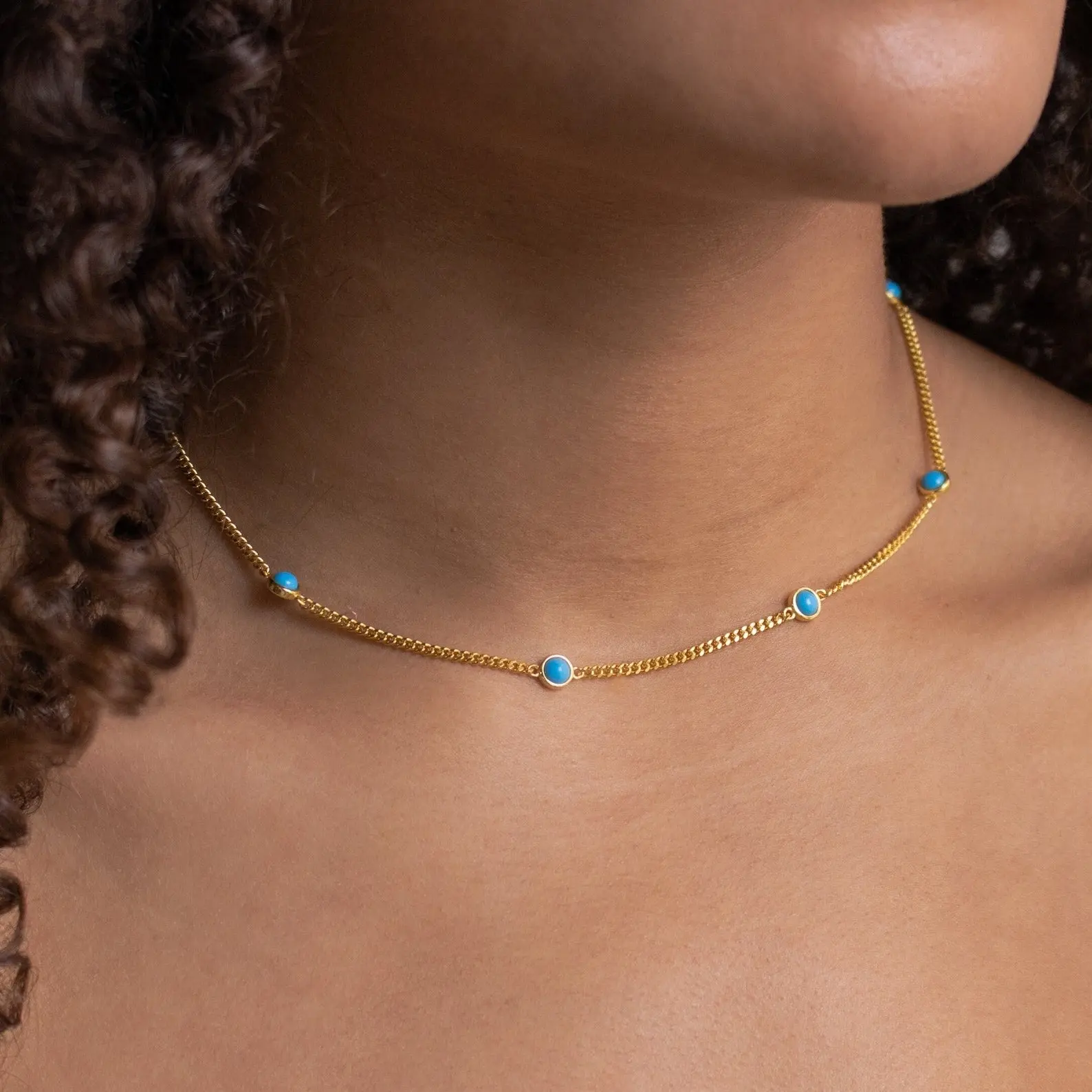 Santorini Turquoise Choker by Caitlyn Minimalist - Boho Blue Gemstone Station Necklace - Gold Curb Chain Layering Necklace - Summer Jewelry - Birthday Gift for Her