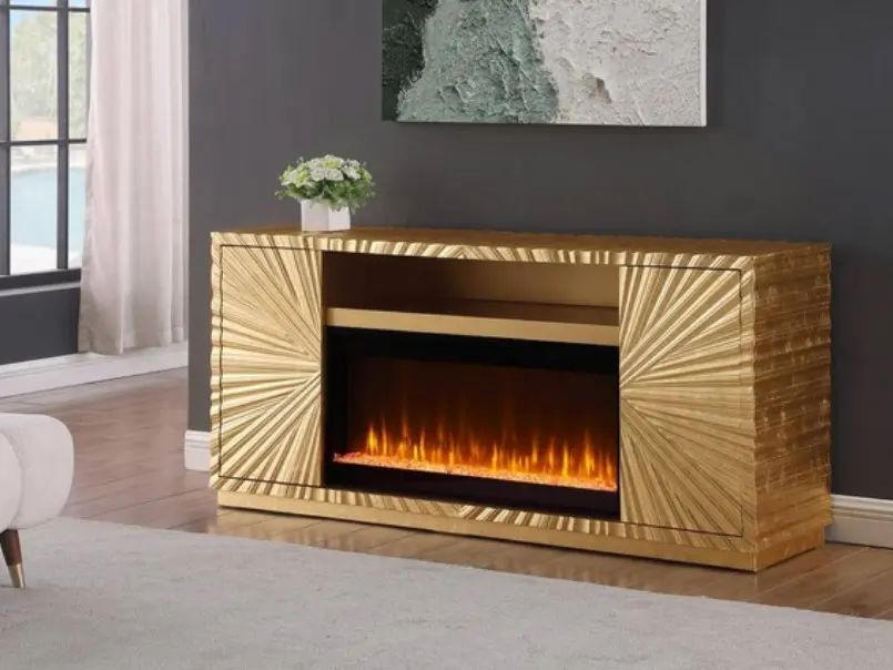 Everly Quinn Dickson Modern Durable Storage Sideboard Server Cabinet - Gold Finish Wood, Sunburst Pattern, Fireplace Insert, Assembly Required, 65.5"x17.5"x31"H (Best Master T2021GF)