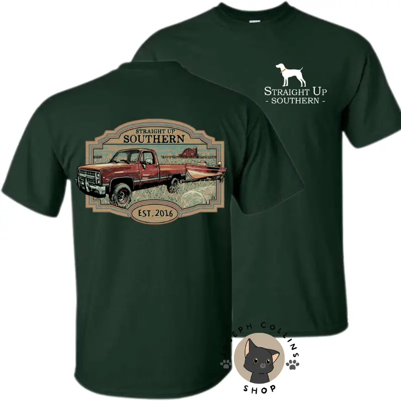 Truck Towing Boat T-Shirt - by Straight Up Southern - Summer Outfits, Regular Fit Short Sleeve Crew Neck T-Shirt for Men, Casual Comfy Knitting Top for Summer