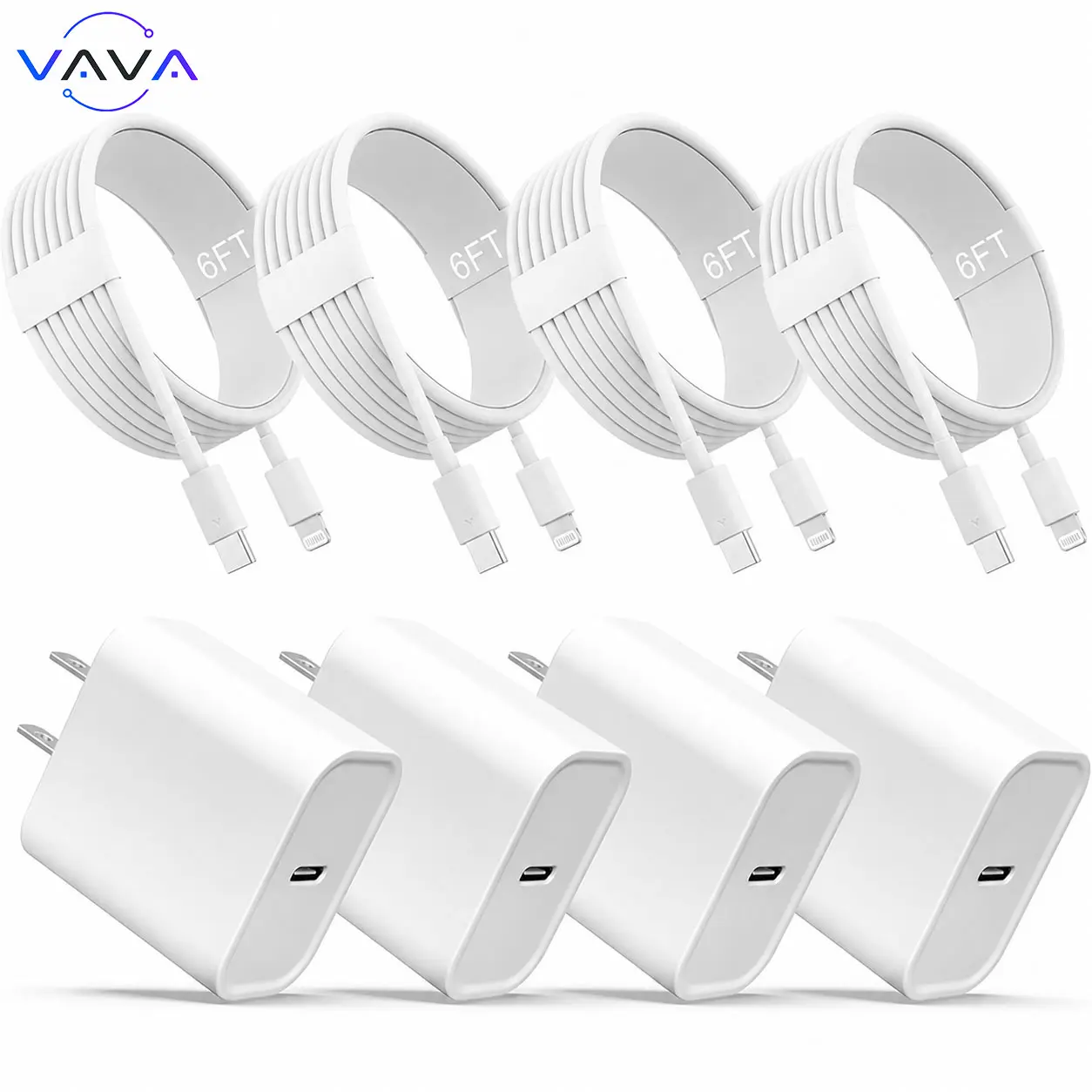 4-Pack 20W Super Fast Charging USB-C Wall Charger Block with 4-Pack 6FT USB-C to Lightning Cable for iPhone 14/13/12/11 Pro Max and More