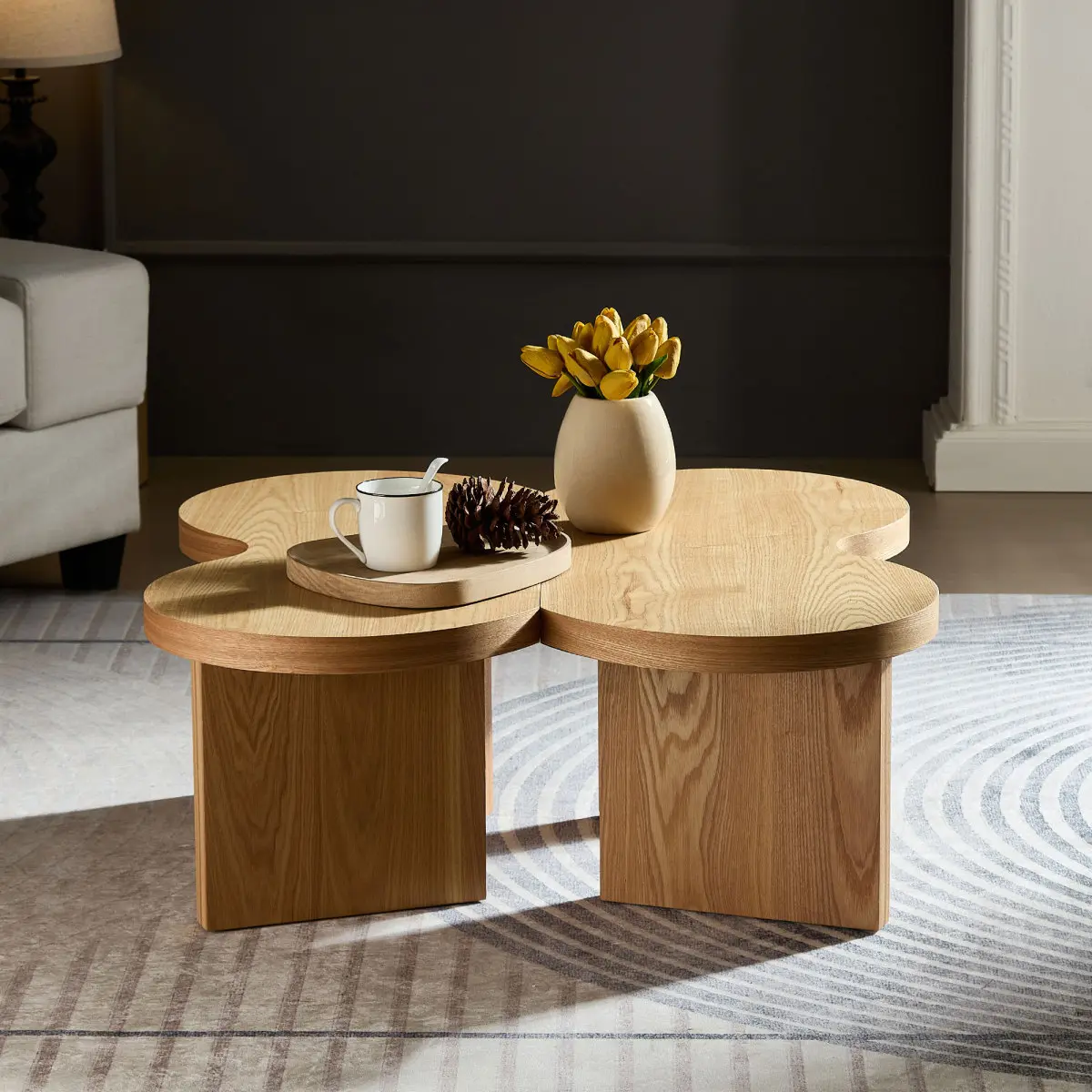 31.49x31.49x13.77 Inch Butterfly Shaped MDF Coffee Table, 36mm Thick Split Design into 2 Small Tables, Nature Tone Modern Accent Table Easy Clean Easy Assembly for Living Room Bedroom