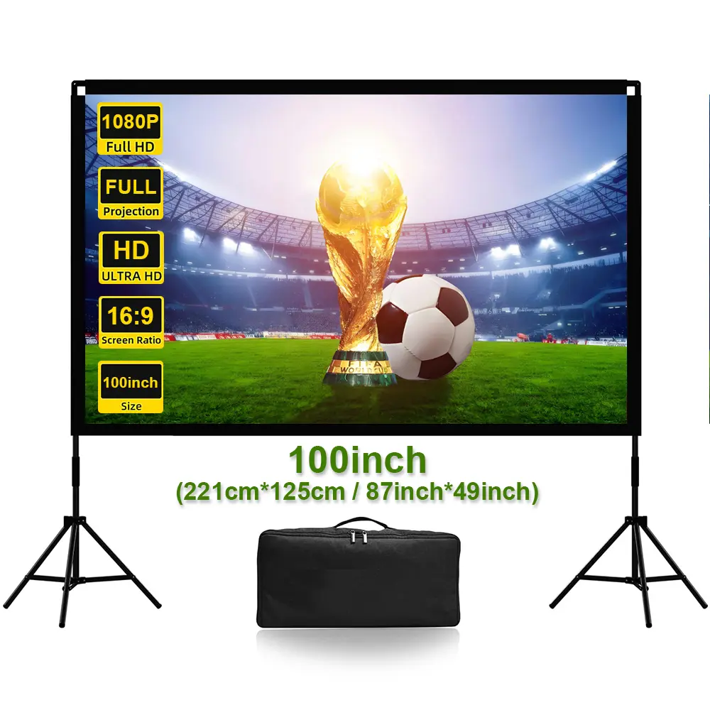 Portable projector screen with tripod indoor outdoor use, 9lbs lightweight one-hand carry camping movie backyard home theater must have, 4K wrinkle-free big screen stays flat  projector screen