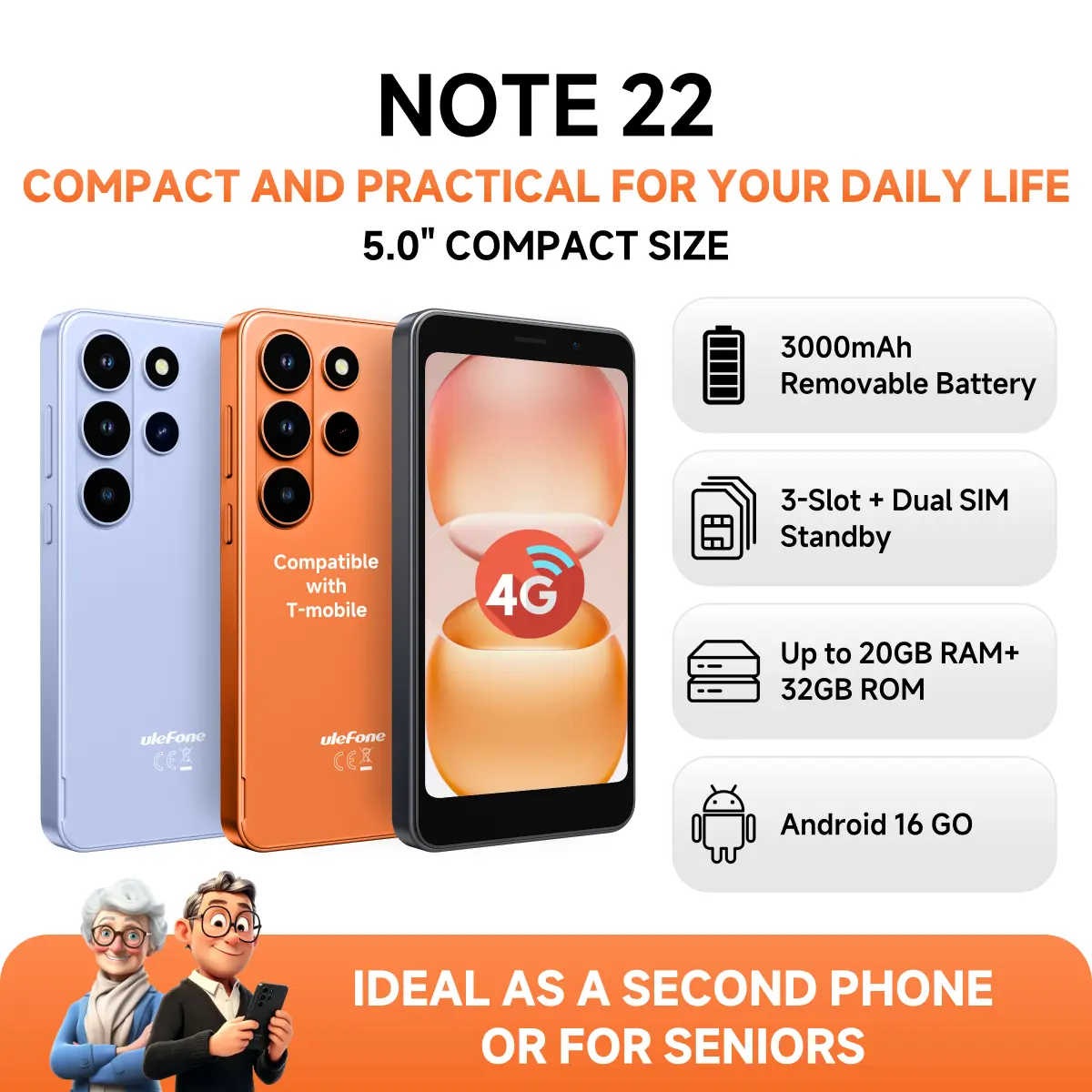 Ulefone Note 22 Unlocked Smartphone, Android 16 Go, 5.0-inch Compact Cell Phone,20GB RAM 32GB ROM, 2TB Expandable,Removable 30oOmAh Battery, Dual SIM 4G, Face Unlock, Type-C (Cosmic Orange)