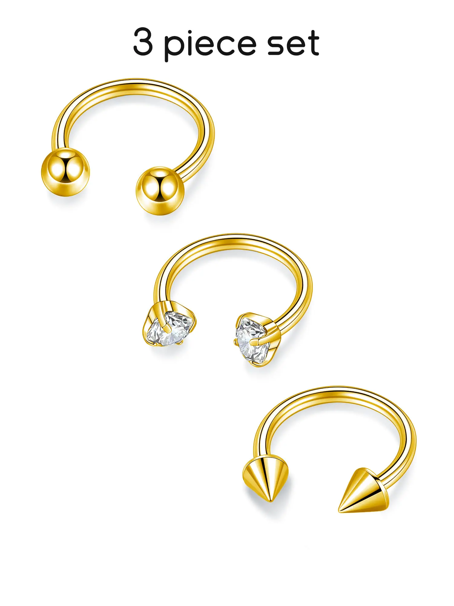 3pcs 18k Plated Stainless Steel Septum Rings Septum Clicker 16g, Zirconia Nose Septum Ring, Round Ball Horseshoe Nose Hoop 8mm 10mm Piercing Jewelry Body Piercings Set Nose Rings Hoops