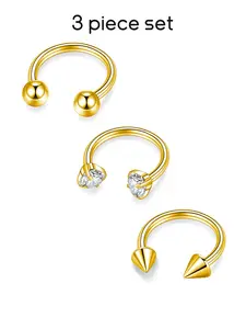 3pcs 18k Plated Stainless Steel Septum Rings Septum Clicker 16g, Zirconia Nose Septum Ring, Round Ball Horseshoe Nose Hoop 8mm 10mm Piercing Jewelry Body Piercings Set Nose Rings Hoops
