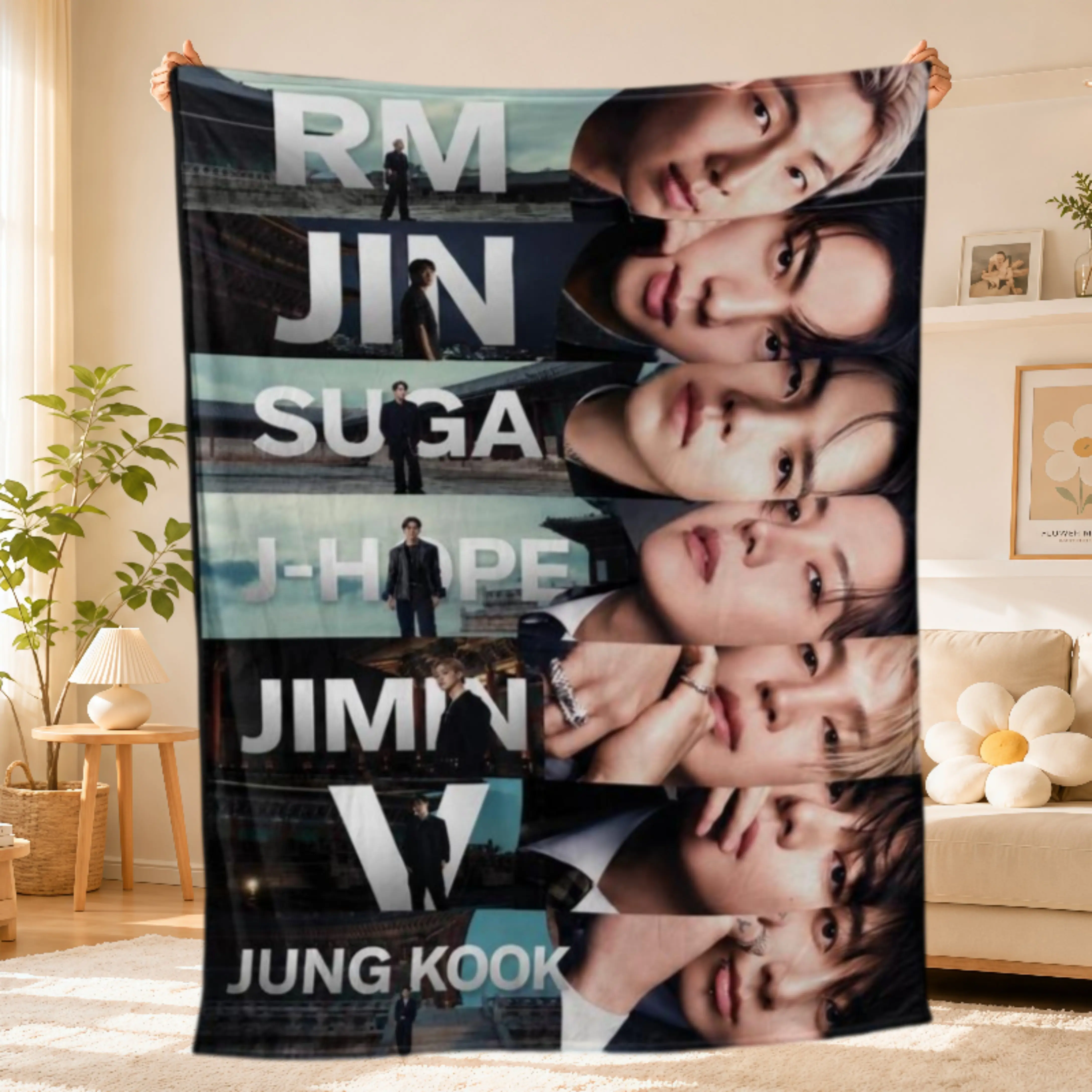 Kpop Members Photo Collage Flannel Blanket,RM Jin SUGA J-Hope Jimin V Jung Kook Portrait Throw Blanket,Soft Blanket for Sofa Bed Couch,ARMY Fan Room Decor Gift