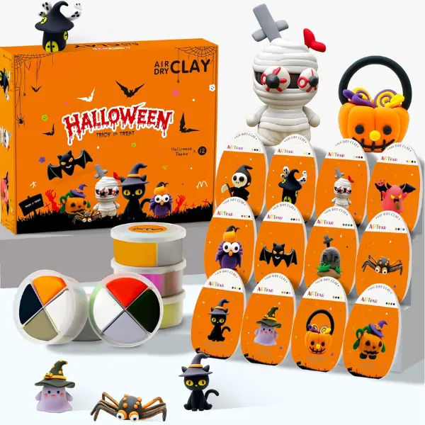 Cozy Fall Gifts Halloween Air Dry Clay Crafts, 12 Boxes Modeling Clay Kit | Safe,Soft,No Mess,Air Dry Clay No Cracking;Sculpting Tools; 24H Quick Dry; Halloween Pumpkin Party Crafts Gifts for Ages 3-12