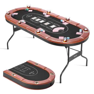 VEVOR Foldable Poker Table, 8 Player 72 in Folding Casino Leisure Table with Padded Rails and Cup Holders, Oval Portable Game Tables with Felt Metal Legs, for Texas Hold'em Game and Blackjack