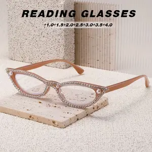 New Women's Fashion Retro Square Cat Eye Diamond Set Unique Personality Trendy HD Reading Presbyopia Mirror - Elegant and Artistic Simple PC Material,+1.0 to+4.0 Degrees, Lightweight and Durable, Suitable for Daily Computer, Office, Book Reading Use