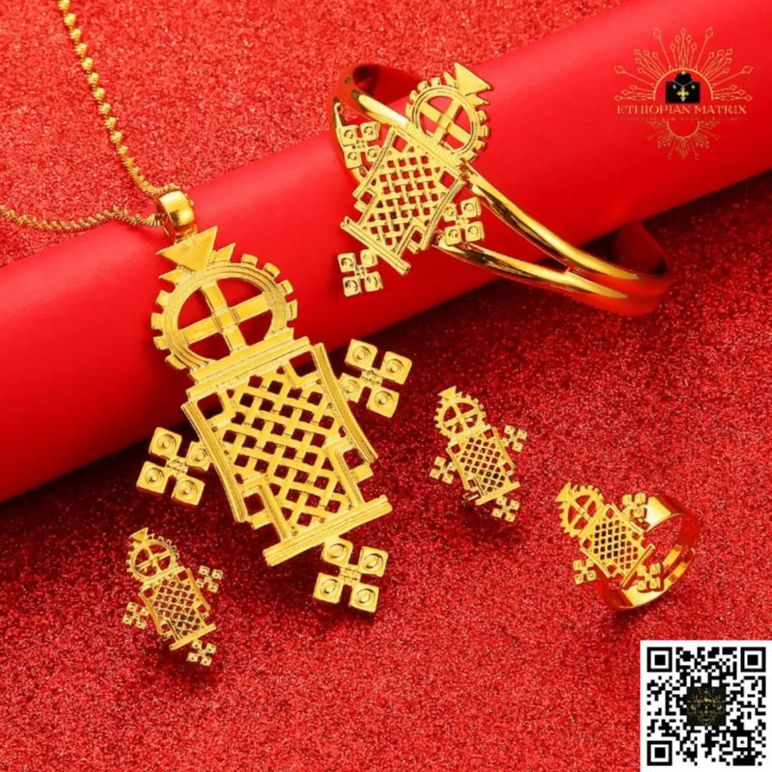 Imperial Ethiopian Orthodox Axum Cross Necklace Eritrean Aksum 4 Piece Jewelry Set Tsion Choker with Matching Earrings & Ring 24KGP Habesha Unisex