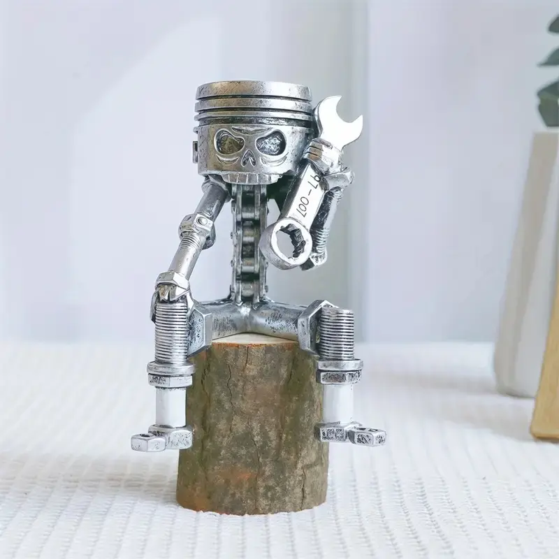 Piston Skull Face Resin Sculpture Statue, Handcrafted Spanner Gear Skull Decor, Unique Cartoon Design, Silver Color, Perfect for Gifts & Home Decor, Figurine Decor, Statue Figurines, Decorative Statues