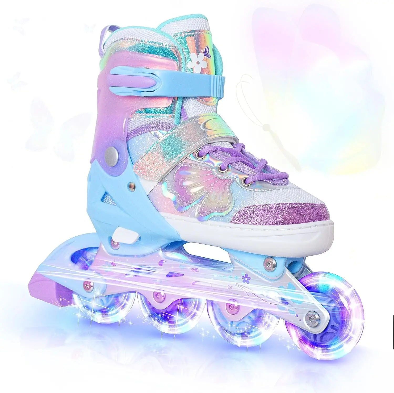 All Light up Rainbow Wheels for Beginners, Nattork 4 Size Adjustable Kids Inline Skates for Girls and Boys, Fantasy Butterfly and Flower Roller Skates with , Youth Rollerblades with Steel Frame, Purple/Rose Red/Teal