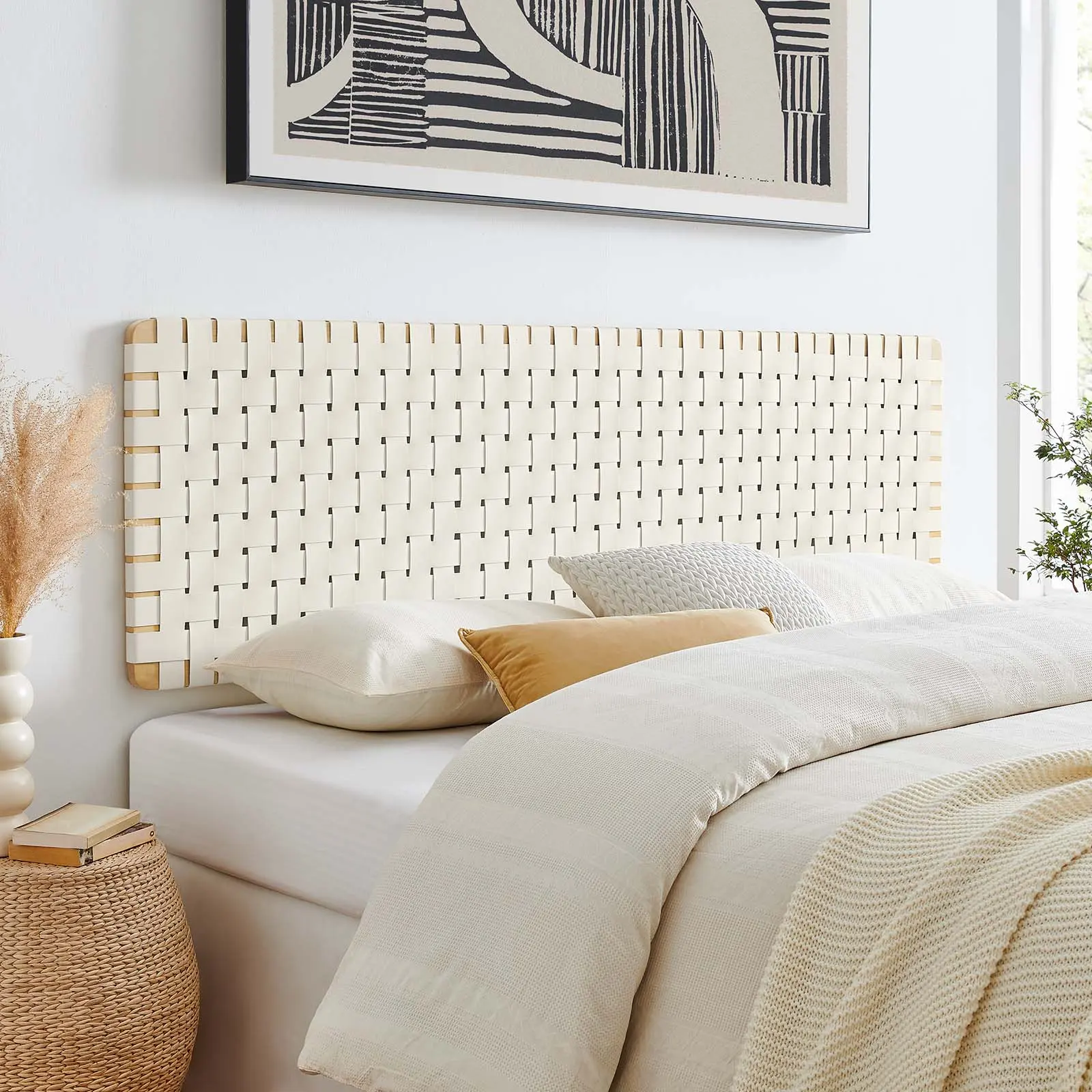 Modway Sparta Basket Weave Adjustable Wall-Mount King PU Leather Headboard, Natural Beige, for Modern Bedrooms