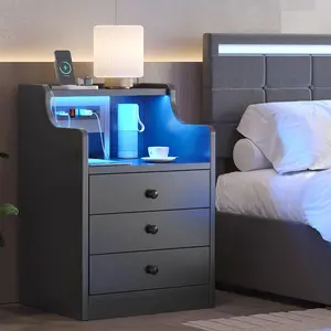 Sikaic Modern LED Nightstand with 3 Storage Drawers, Built-in Charging Station, and Open Storage Space (Bedside Table for Bedroom Furniture)
