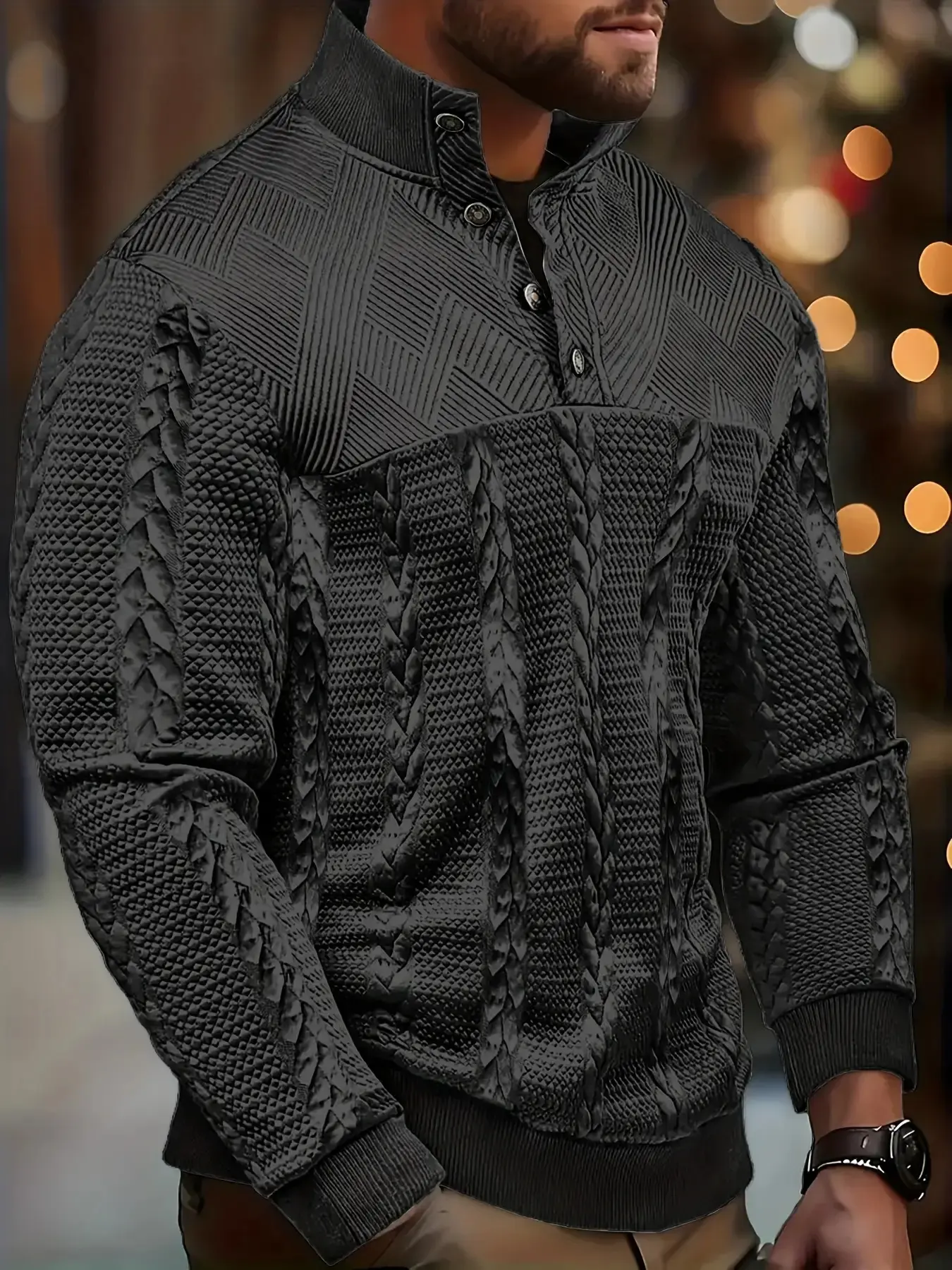 Men's long-sleeved Henry shirt, soft and elastic button long-sleeved jacquard pullover for autumn and winter, outdoor casual knitted jacquard sweatshirt, Street Casual Jumper, Casual Fashion Knitwear, Knitwear, Knitted Casual Top, Modern Pullover