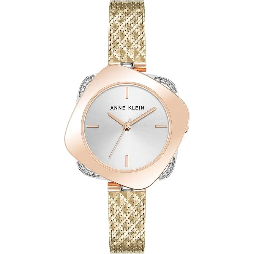 Anne Klein Ladies Fashion Watch with a 2-Tone Stainless Steel Mesh Bracelet, Silver Sunray Dial, Crystal Accented Square Case, Japanese Quartz Movement and Sliding Clasp, Casual Fashion Wristwatch, Elegant Quartz Watch