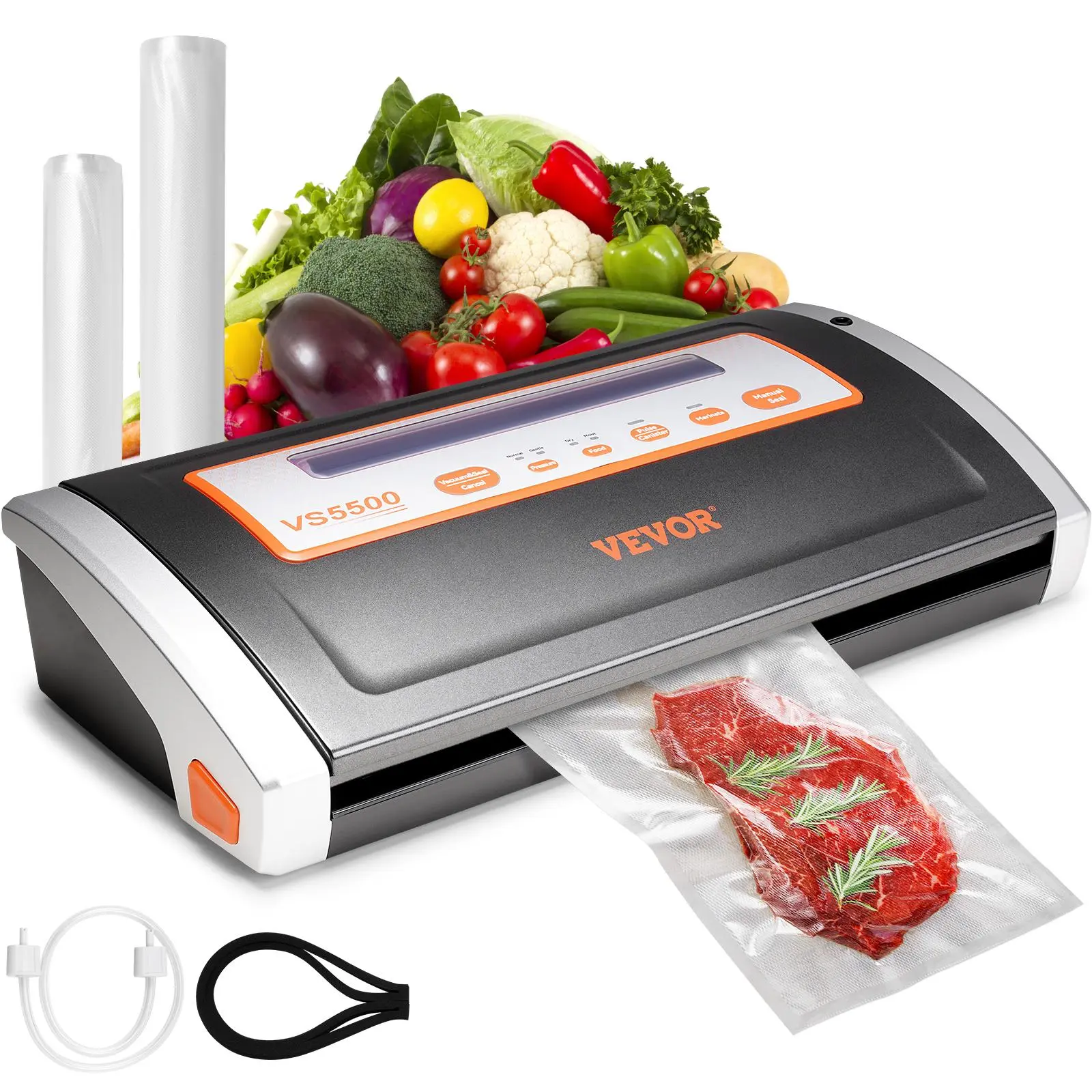 【Backtoschool】VEVOR Vacuum Sealer Machine, 80Kpa 130W Powerful, Multifunctional for Dry and Moist Food Storage, Automatic and Manual Air Sealing System with Built-in Cutter, 2 Bag Rolls and an External Hose