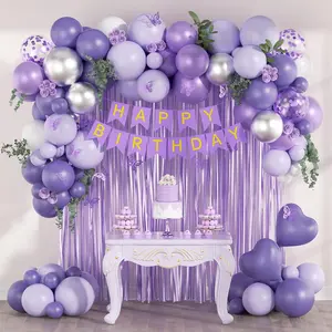 Purple Birthday Decorations for Women with Metallic Silver White Lavender Purple Balloons Happy Birthday Banner Cake Topper Purple Fringe Curtains for Lavender Happy Birthday Decorations