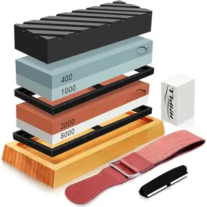 Sharpening Stone Set, Professional Whetstone 4 Side Grit 400/1000 3000/8000, WhetstoneSharpener Stone Set Include Non-slip Base, Leather Strop, Flattening Stone & Angle Guide
