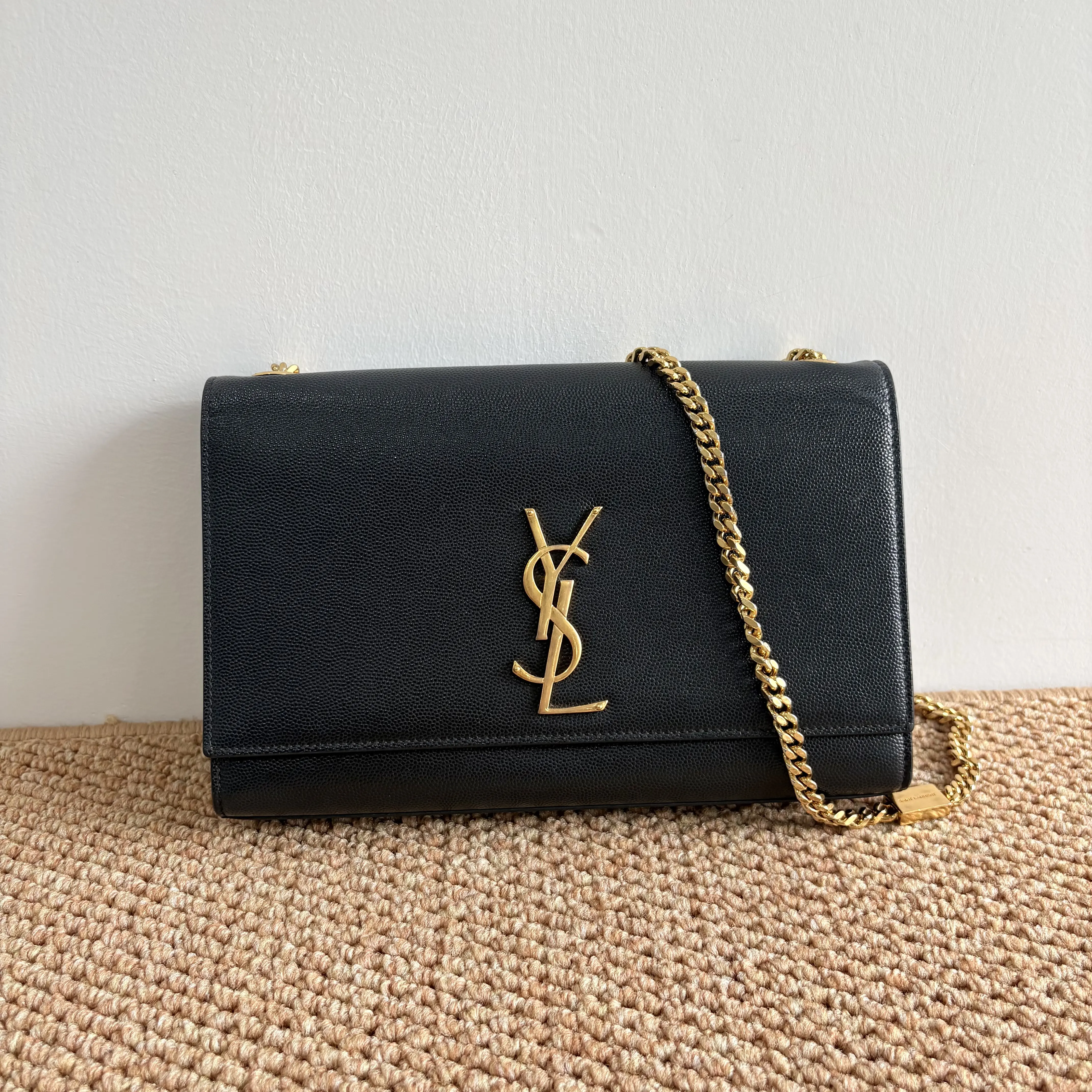 Pre-owned Yves Saint Laurent YSL Kate Medium Black Gold Hardware Fashion Crossbody Handbag Embellished Shoulder Bag with Sliding Metal Chain (Everyday Use)