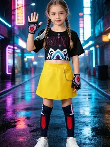 Women's Group Set, Short Sleeve Printed Top, A-Line Skirt, Gloves, Leg Warmers, Perfect for Parties, Cosplays, Stage Performances, Costumes