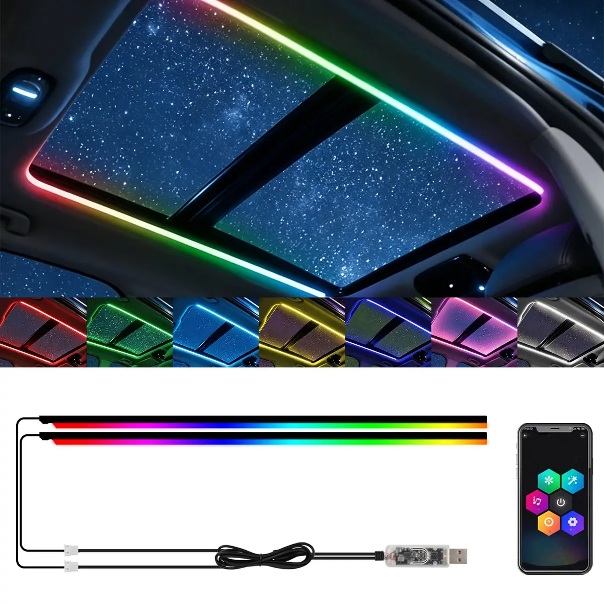 RGB Car Sunroof Ambient Light, Car Ambient Lighting, USB Powered Acrylic LED Strip, APP Control, Multi-Color Gradient, No-Drill Installation, Interior Decor