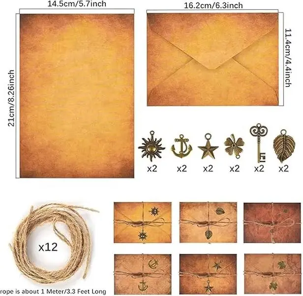 Vintage Writing Stationery Letter and Envelopes Set - Classic Design for Nostalgic Correspondence & Elegant Writing Experience 21cmx21cm Letter 16.2cmx11.4cm Envelope 14.5cmx8.26inch 12 Feet Twine 12 Antique Charms