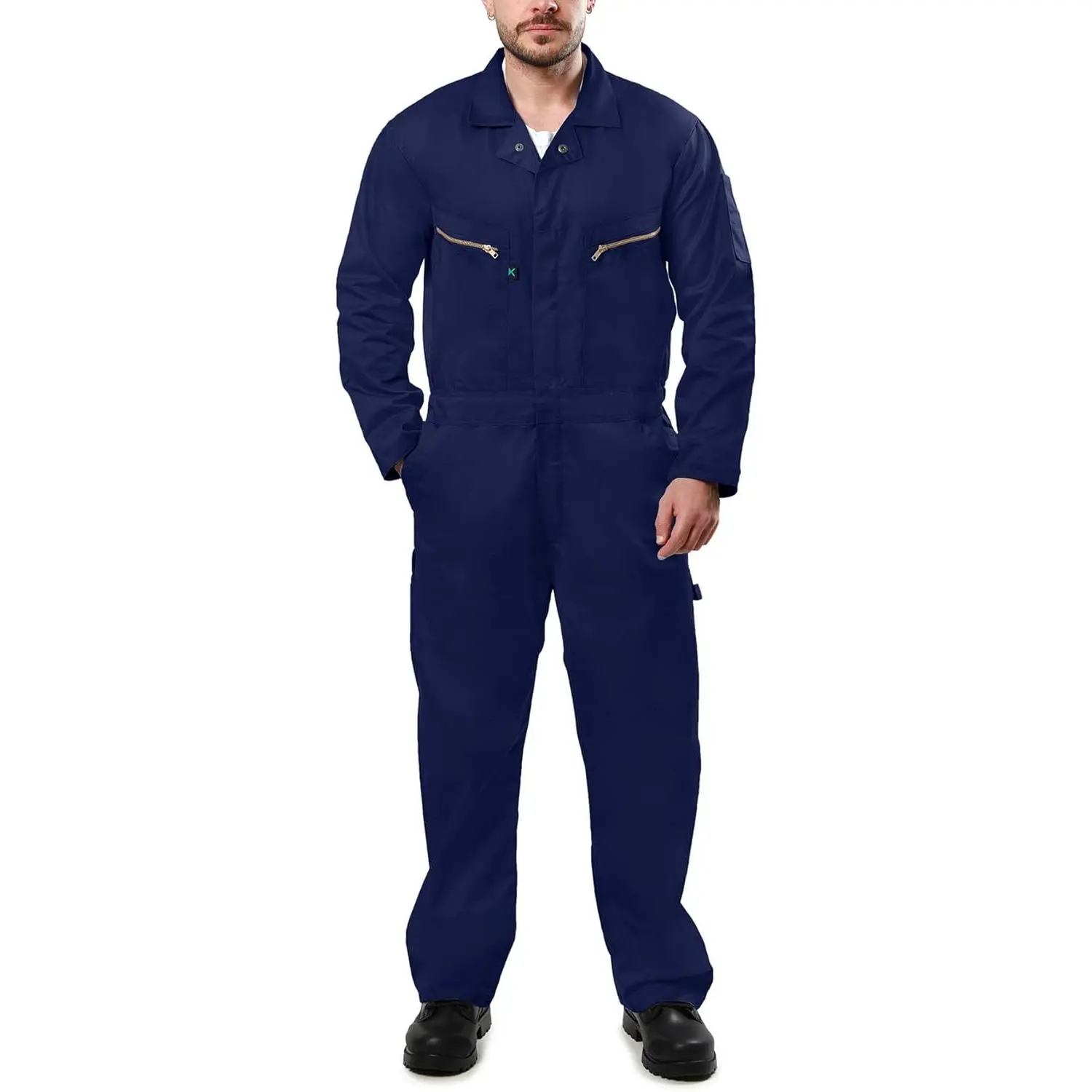 Men's Modern Cotton Blend Long Sleeve Full-Length Workwear Coverall - Multi-Size Black Utility Uniform with Zipper Front, Chest Pockets, No Excess Bulk