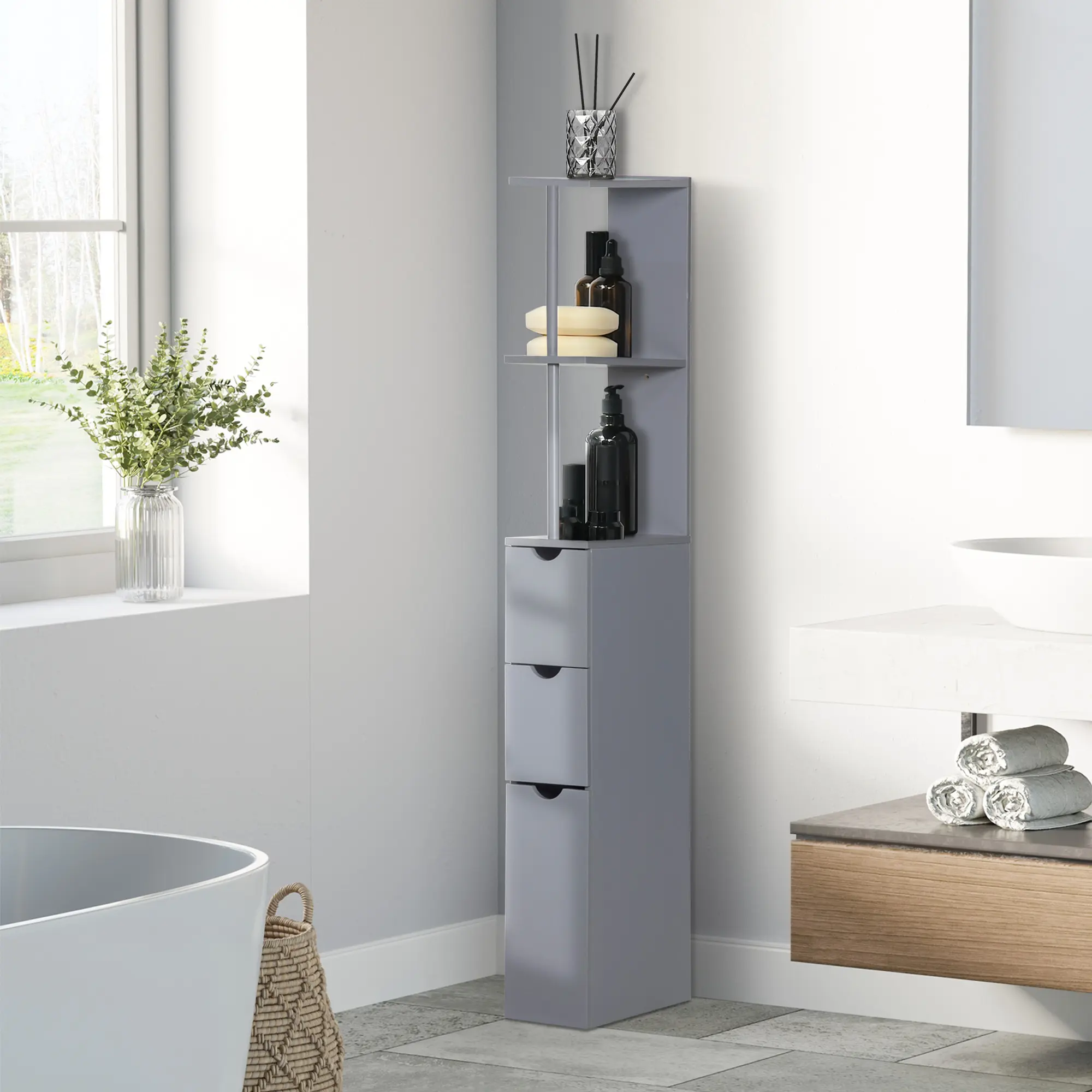 Slim Freestanding Bathroom Linen Cabinet, Indoor Floor Cabinet with Wall-Mount Option, Layered Storage & Stable Support for Laundry Room Use, Indoor Floor Cabinets, Wall-Mount Floor Cabinets