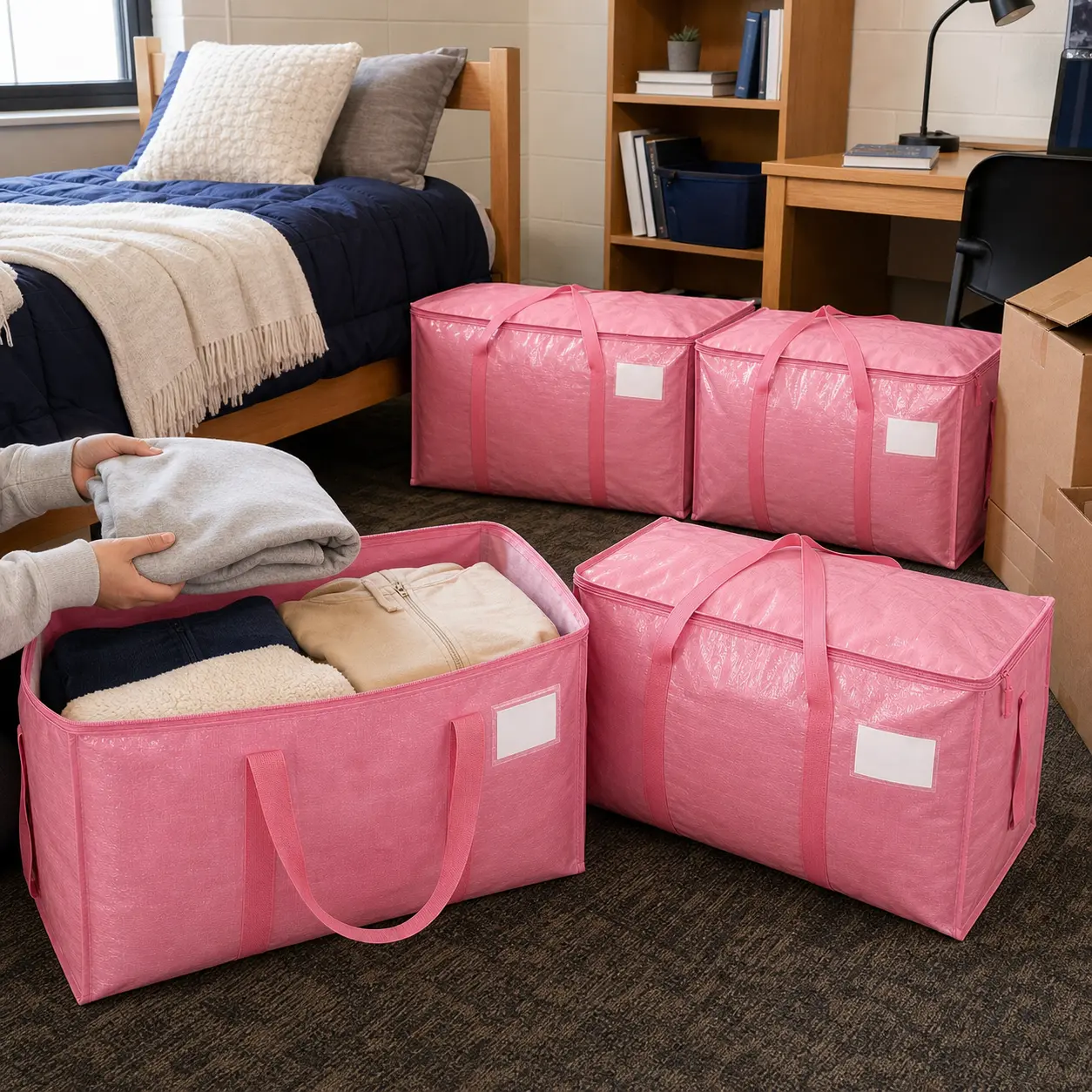 6 Pack Heavy-Duty Moving Bags with Zippers, Extra Large Reusable Storage Totes with Reinforced Wraparound Handles and Clear Tag Pocket, Foldable Water-Resistant Packing Bags for Clothes, Comforters, College Dorm Move-In, Apartment Moving and Travel