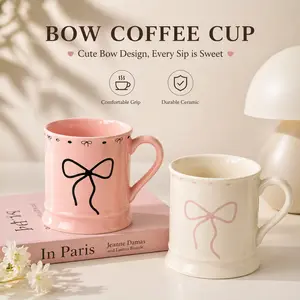 Ins Style Bow Couple Ceramic Cups, Double-Sided Cute Tumbler For Lovers, Reusable Coffee Tea Mug, Elegant Novelty Gift
