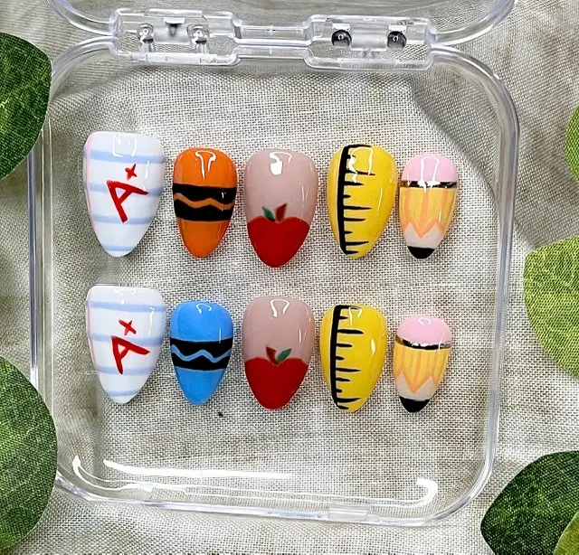 Back to school Press-on Nails, Reusable Nail Art