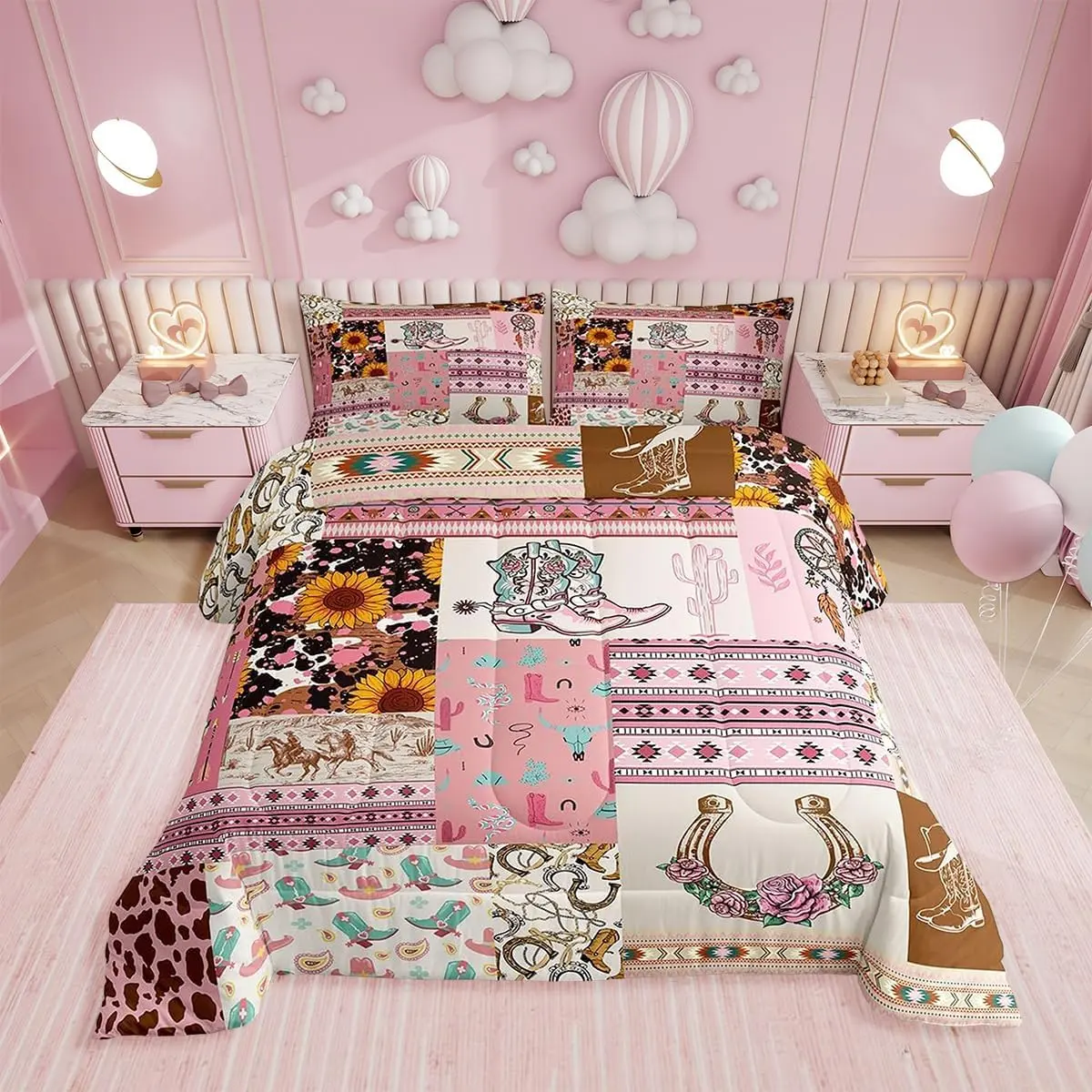 Feelyou Queen Size Comforter Set - Breathable Western Cowgirl Boho Bedding, Cow Print, Pink Sunflower, Horseshoe Grid Pattern Bedspread for Girl Room Decor