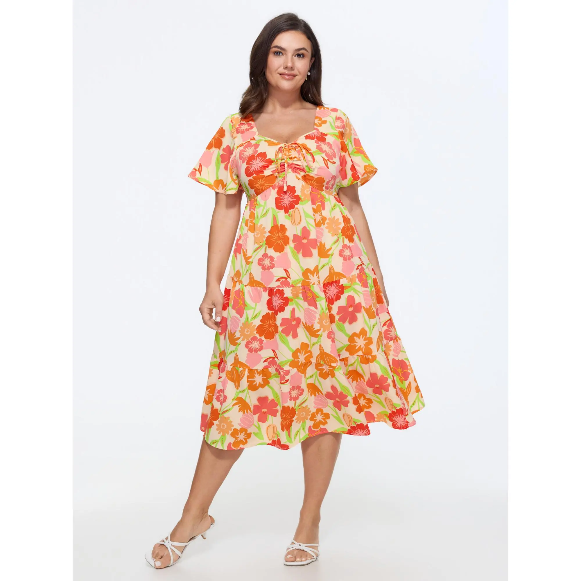 BloomChic Women's Plus Size Romantic Ditsy Floral Maxi Dress - Smooth Polyester with Bell Sleeves, Stretchy Waist, and Pockets, Garment