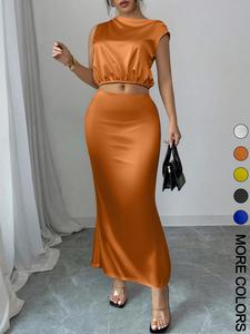 women's solid asymmetrical neck top & mermaid skirt satin two-piece set, elegant fashion casual top & skirt for daily outdoor wear, outfit sets for women, women's clothing for all seasons, womenswear