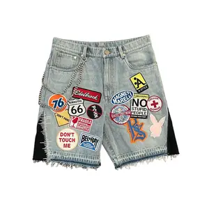 Y2K Retro Blue Patchwork Denim Shorts Unisex Loose Hip Hop  Streetwear  Camo Cartoon Casual Fitness