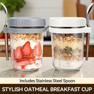 12oz Glass Salad Jar with Spoon, Portable Overnight Oatmeal Cup, Overnight Oats Jar, Reusable Yogurt Container for Breakfast, Healthy Eating Containers, Perfect Gift for Holidays