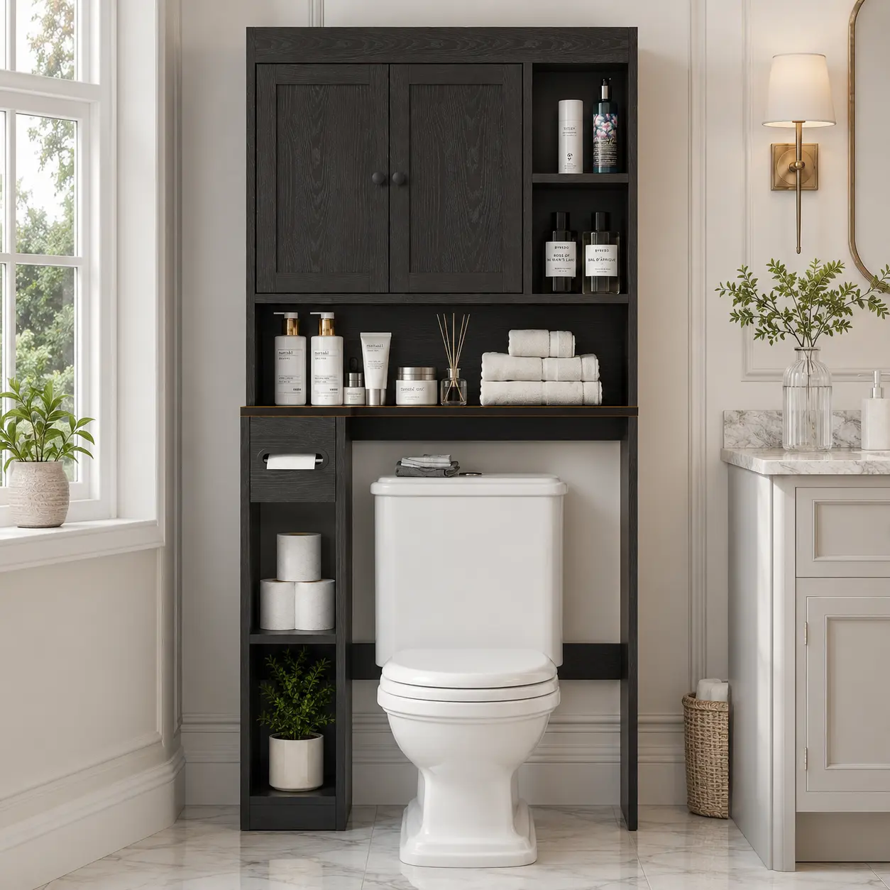 NIVISRE-Black Farmhouse Over-the-Toilet Storage Cabinet, Freestanding Bathroom Organizer with 2 Doors, Open Shelves and Toilet Paper Holder, Space-Saving Toilet Rack for Bathroom, Restroom and Laundry Room
