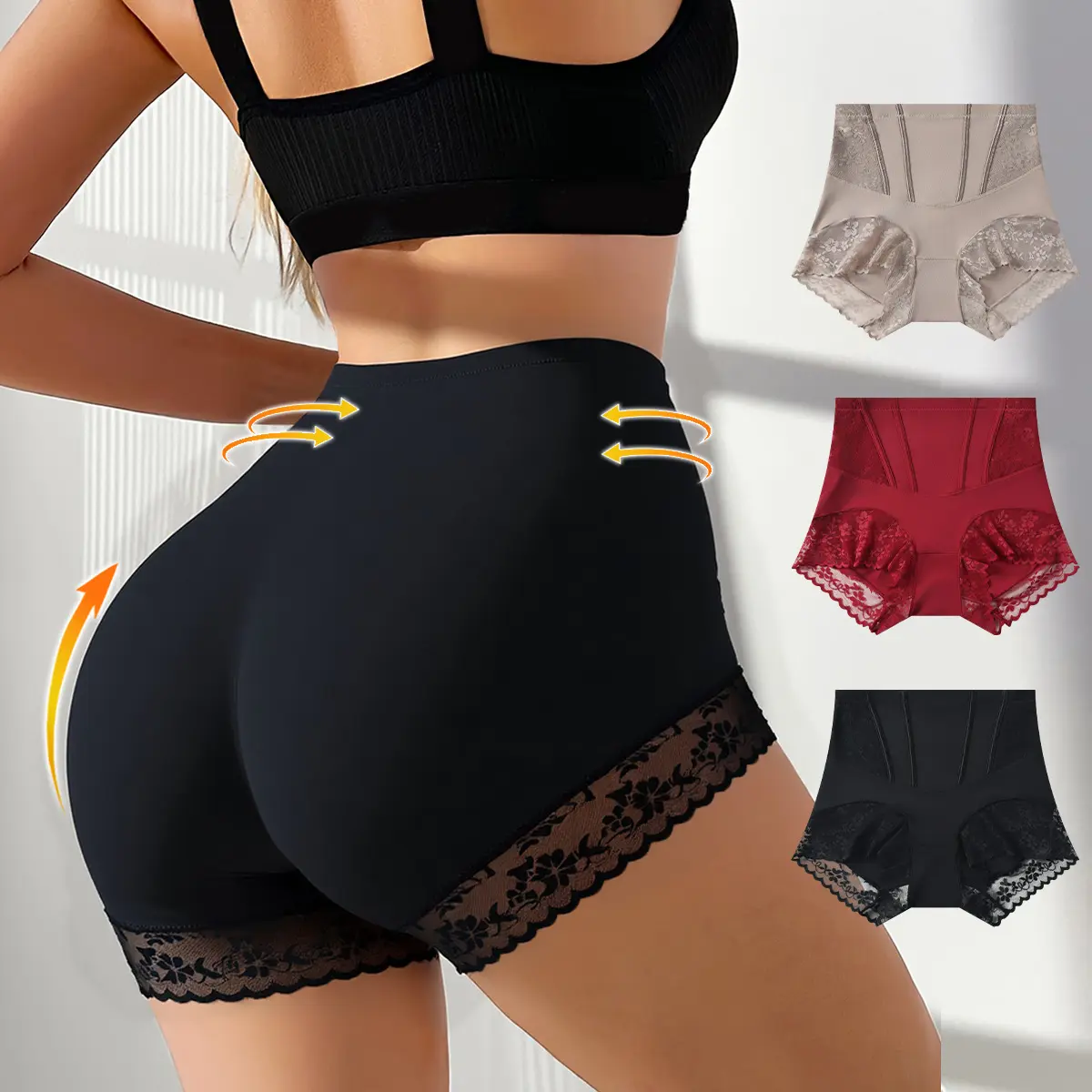 Hotcom Women's High-Waist Shapewear Panties, Tummy Control, Butt Lifting, Elegant Contrast Lace, Comfortable Everyday Wear, Plus Size, No Padding