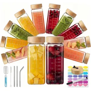 16oz Square Glass Juice Bottles with , 12 Pack  Juice Containers with  , Glass Juicing jars with 4 Straws & 2 Airtight Lid with Hole for Drinking
