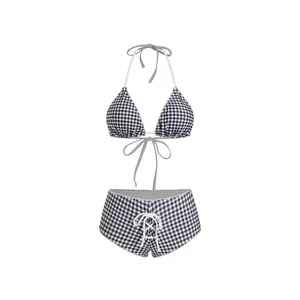 Cider Halter Neckline Gingham Lace Up Triangle Shorts Bikini Set