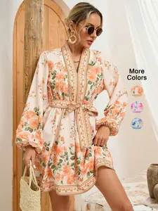 Elegant Woven Floral Print Long Sleeve Dress with Belted Waist, Lantern Sleeves Short Dress for Fall, Winter & Spring Parties
