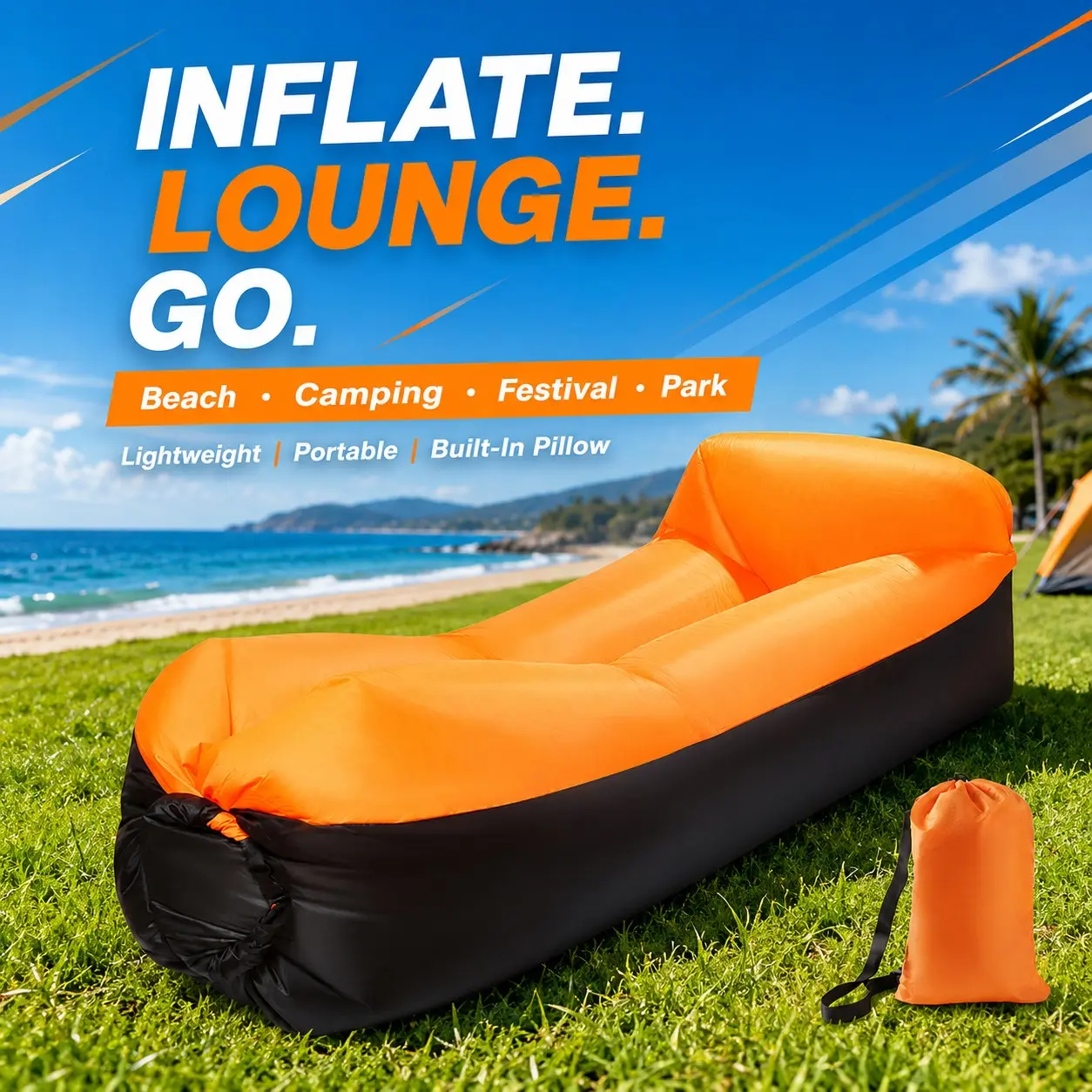 No Pump Inflatable Lounger Air Sofa with Pillow, Portable Camping Couch for Beach, Music Festivals, Park, Picnic & Outdoor Relaxing, Folding Air Chair with Carry Bag, Foldable Portable Couch