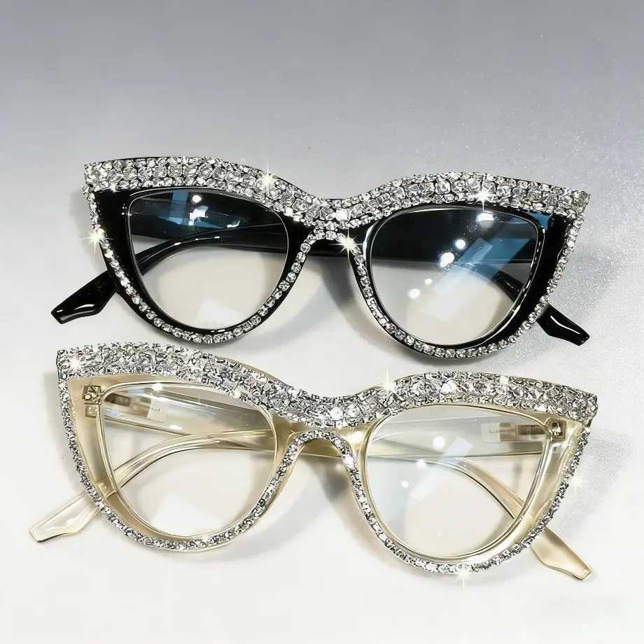 Women's 2PCS Cat Eye Rhinestone Full-Rim Fashion Glasses, Anti-Blue Light Polycarbonate Lenses, Sparkling Crystals, Black & Translucent Frames, Screen Protection (Sports Eyewear Accessory)