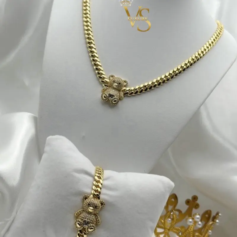 Valdes Luxury Cuban Link Necklace and Bracelet Set with Zirconia Bear Design 14K Gold Plated High Quality Everyday Jewelry 6MM